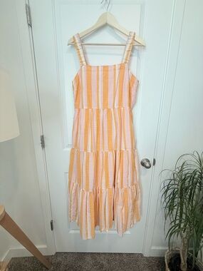 Women’s Striped Yellow & White Tiered Sundress with Adjustable Straps
